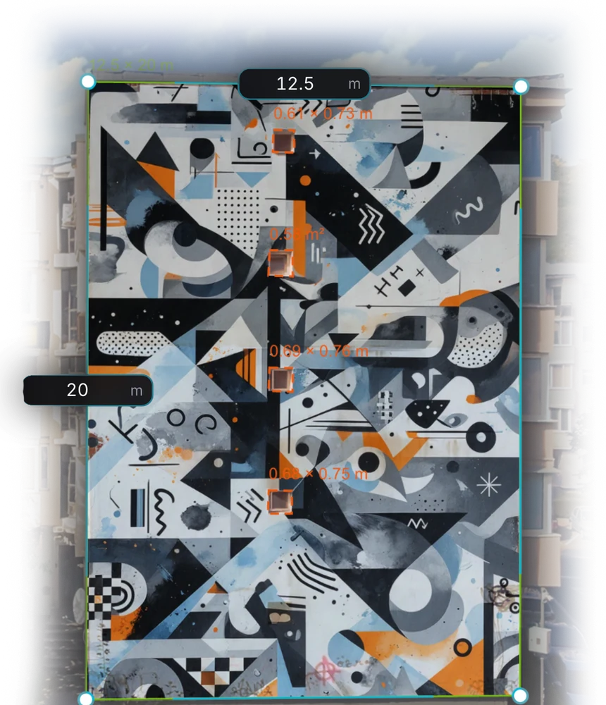 Hexster app screenshot: a geometric mural design projected onto a photo of an apartment building wall, sized at 12.5 by 20 metres, with measured window cut-outs.